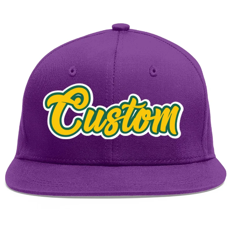 Wind-resistant baseball caps-Custom Purple Gold-Kelly Green Flat Eaves Sport Baseball Cap