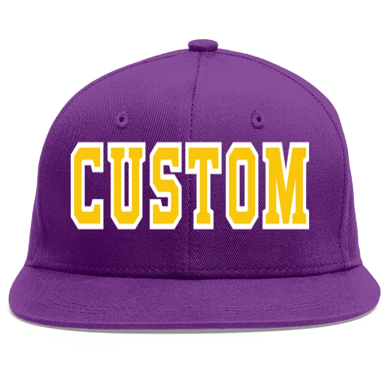 Baseball caps for hot weather-Custom Purple Gold-White Flat Eaves Sport Baseball Cap