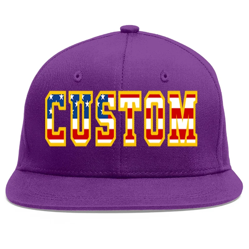 Soft fabric baseball caps-Custom Purple Vintage USA Flag-Gold Flat Eaves Sport Baseball Cap