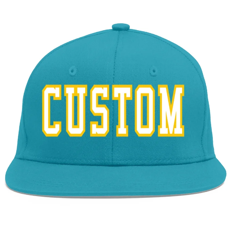 UV protection in baseball caps-Custom Aqua White-Gold Flat Eaves Sport Baseball Cap