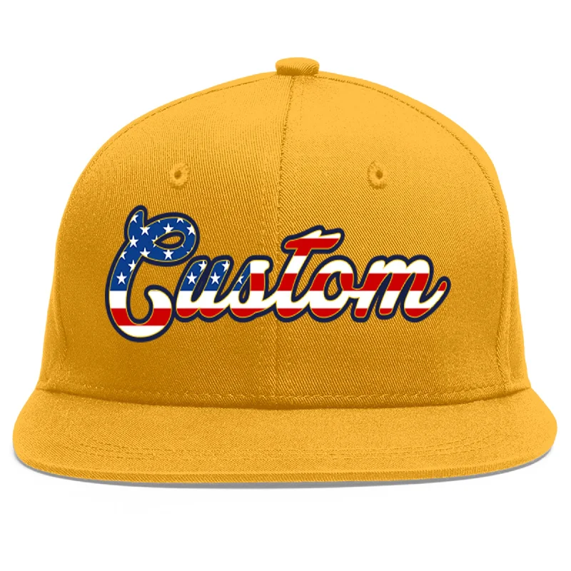 Ventilation features in baseball caps-Custom Gold Vintage USA Flag-Gold Flat Eaves Sport Baseball Cap