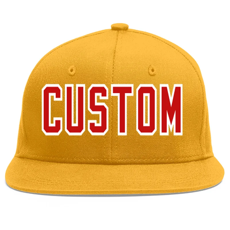 Baseball caps with flexible design-Custom Gold Red-White Flat Eaves Sport Baseball Cap