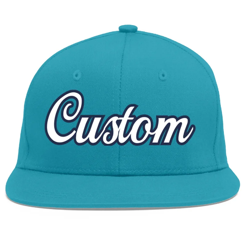 Athletic-style baseball caps-Custom Aqua White-Navy Flat Eaves Sport Baseball Cap