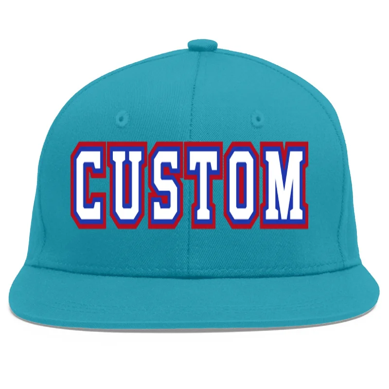 Baseball caps for fall and winter-Custom Aqua White-Royal Flat Eaves Sport Baseball Cap