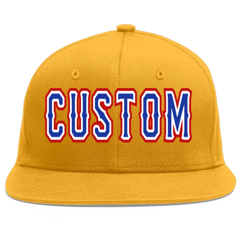 Baseball cap with hoodie pairing-Custom Gold Royal-White Flat Eaves Sport Baseball Cap