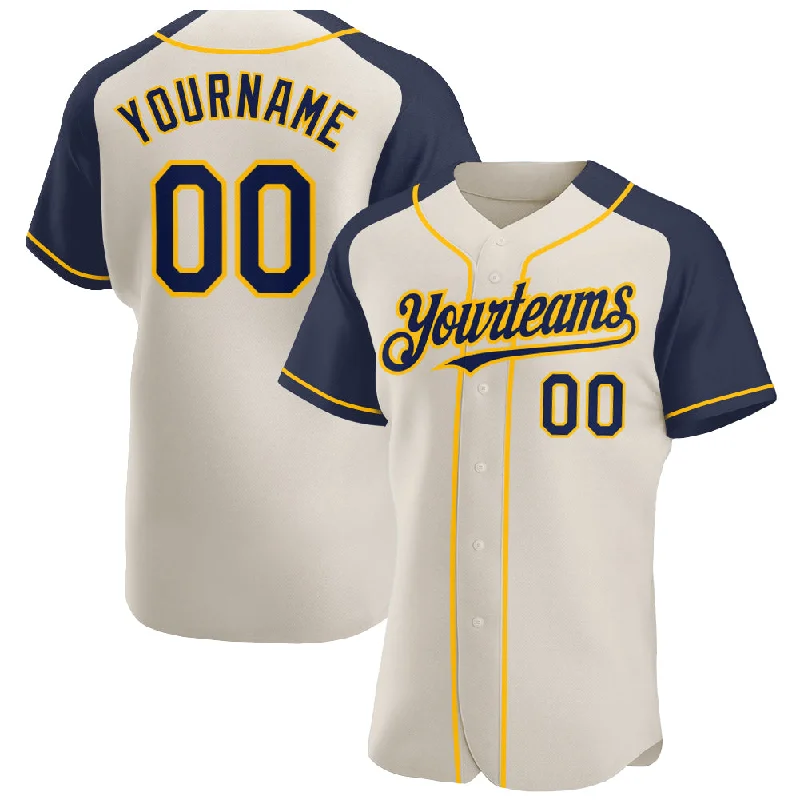 Baseball jerseys for all levels of play-Custom Cream Navy-Gold Authentic Raglan Sleeves Baseball Jersey