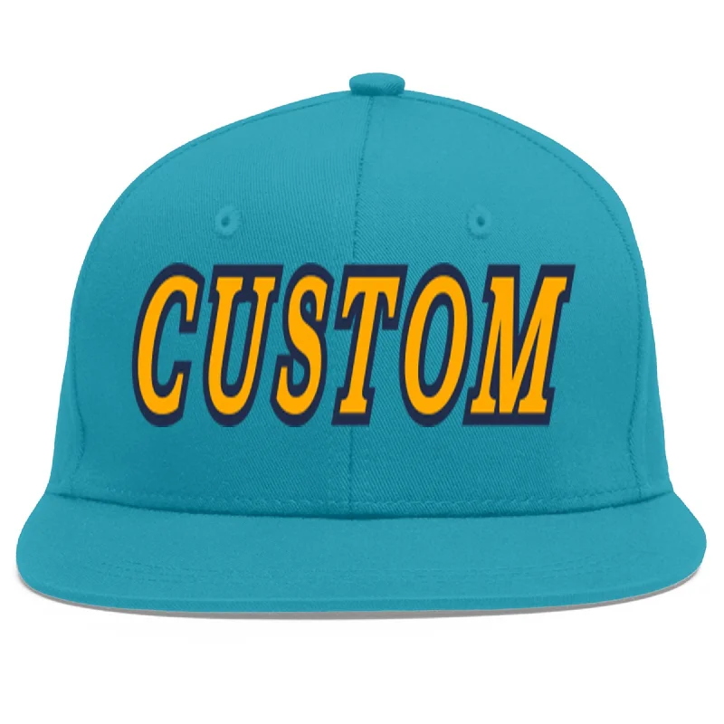 Baseball caps for athletes-Custom Aqua Yellow-Navy Flat Eaves Sport Baseball Cap