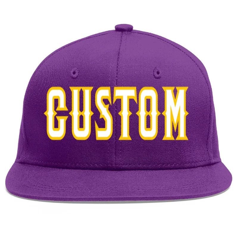 Winter-friendly baseball caps-Custom Purple White-Gold Flat Eaves Sport Baseball Cap