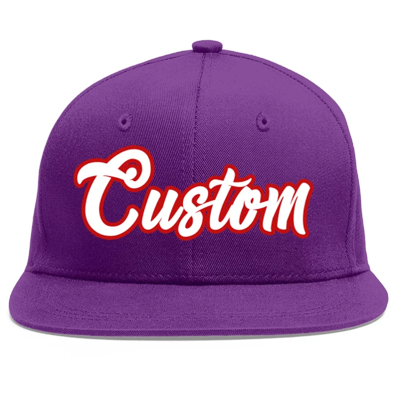 Baseball caps for outdoor adventures-Custom Purple White-Red Flat Eaves Sport Baseball Cap