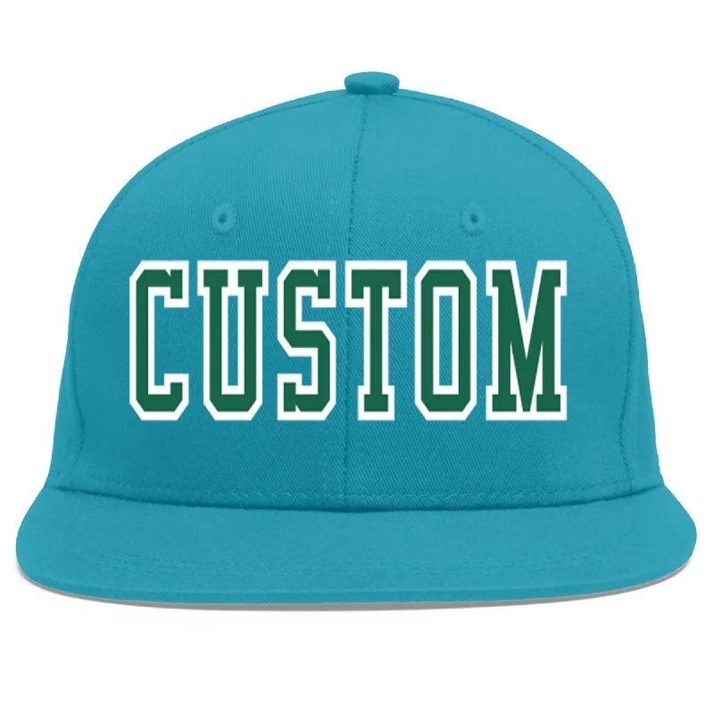 Soft fabric baseball caps-Custom Aqua Kelly Green-White Flat Eaves Sport Baseball Cap