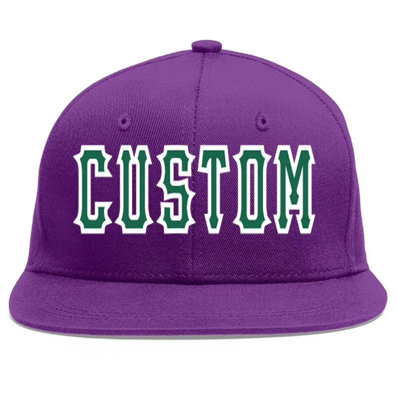 Baseball caps for extreme sports-Custom Purple Kelly Green-White Flat Eaves Sport Baseball Cap