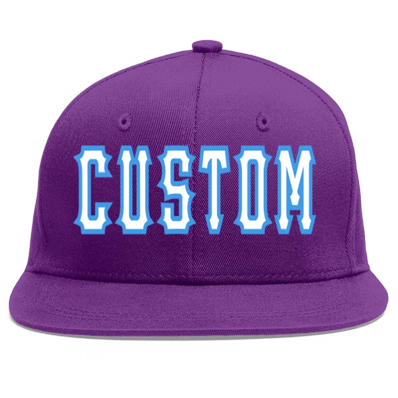 Baseball caps with elastic fit-Custom Purple White-Powder Blue Flat Eaves Sport Baseball Cap