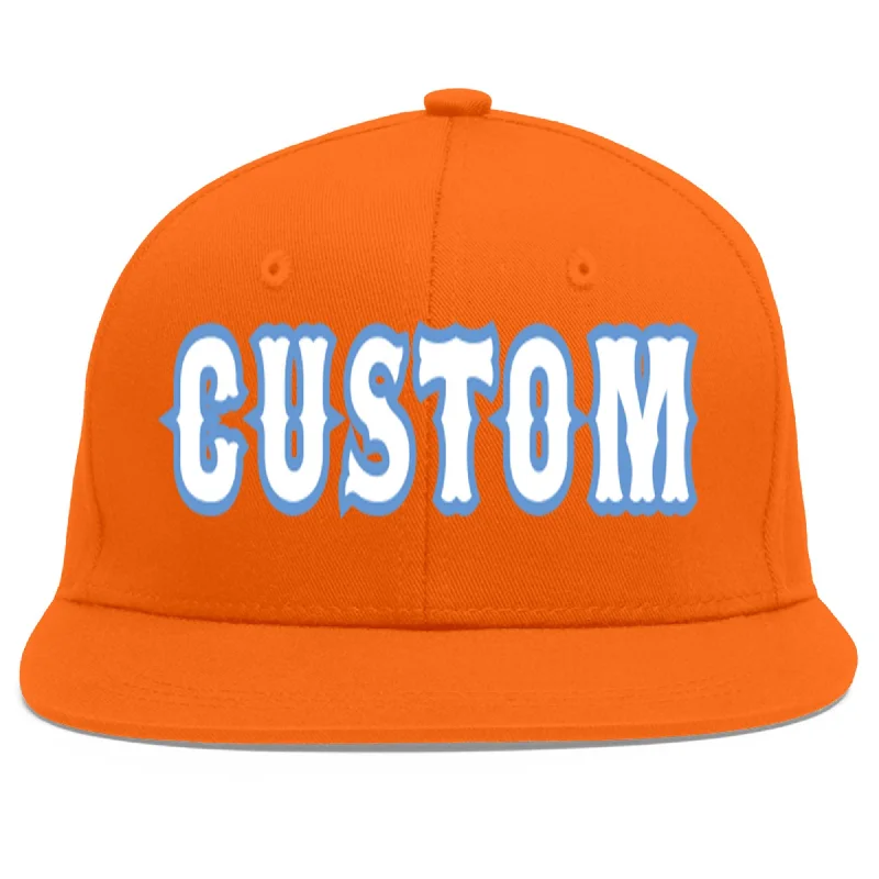 Baseball caps for outdoor sports-Custom Orange White-Light Blue Flat Eaves Sport Baseball Cap