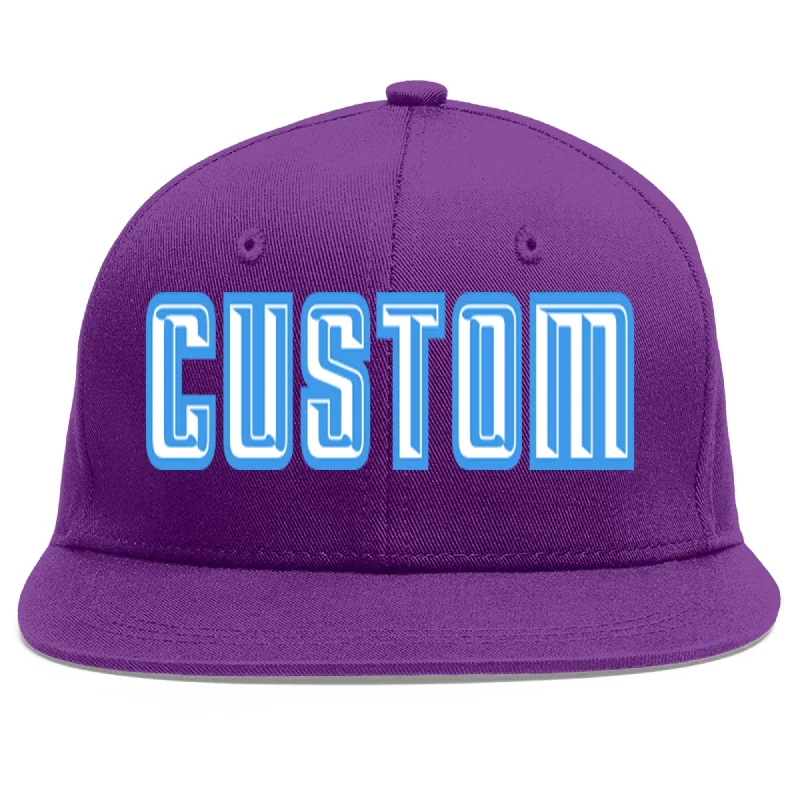 Innovative baseball cap designs-Custom Purple White-Powder Blue Flat Eaves Sport Baseball Cap