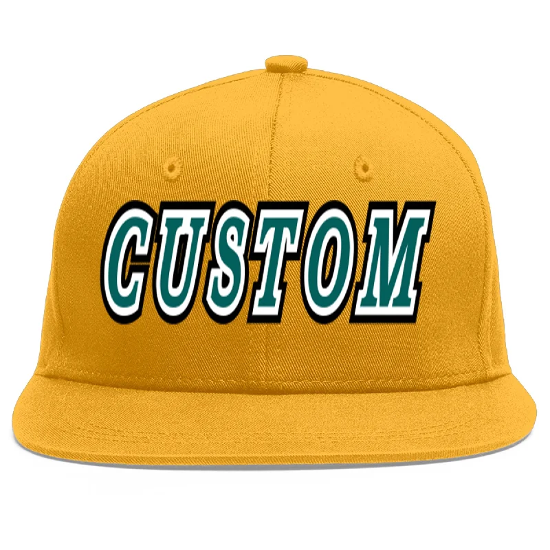 Trendy baseball caps for streetwear-Custom Gold Aqua-White Flat Eaves Sport Baseball Cap