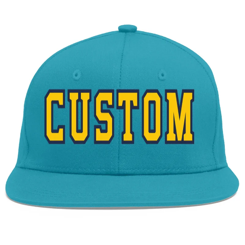 Baseball caps with mesh panels-Custom Aqua Gold-Navy Flat Eaves Sport Baseball Cap