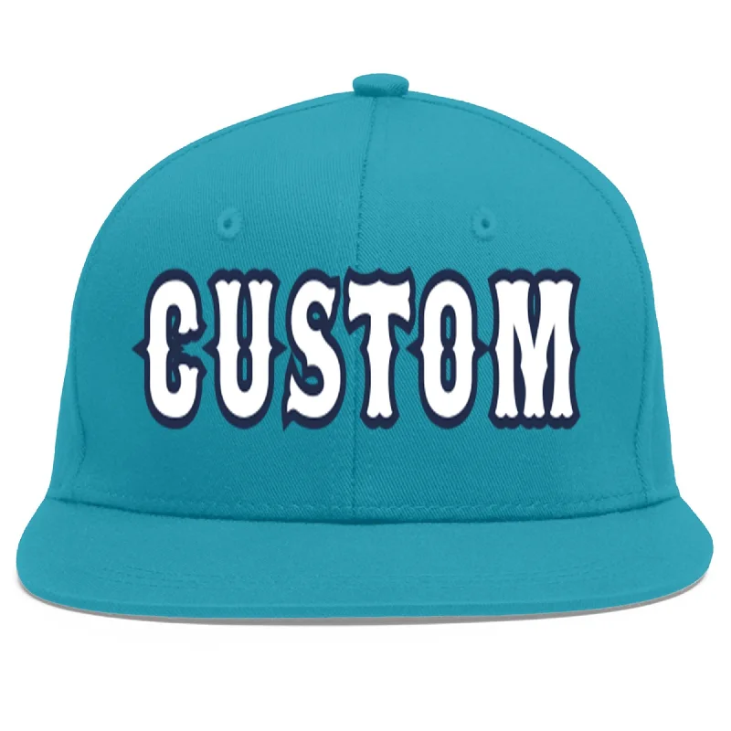 Protective features of baseball caps-Custom Aqua White-Navy Flat Eaves Sport Baseball Cap