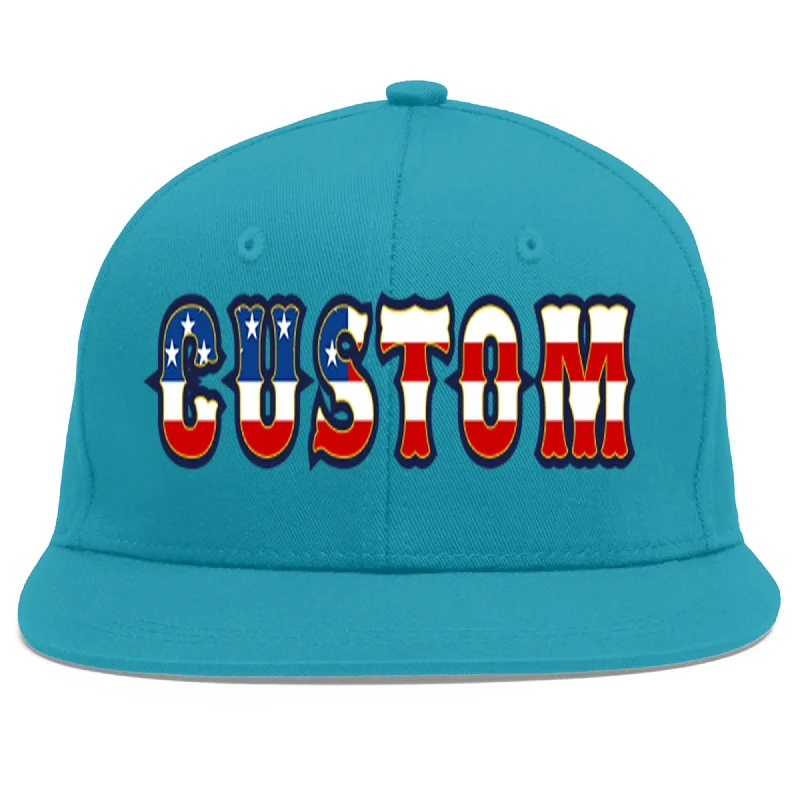 Baseball caps for athletes' performance-Custom Aqua Vintage USA Flag-Gold Flat Eaves Sport Baseball Cap