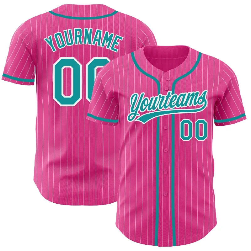 Baseball jerseys for custom team uniforms-Custom Pink White Pinstripe Teal Authentic Baseball Jersey