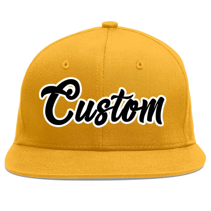 Classic baseball cap designs-Custom Gold Black-White Flat Eaves Sport Baseball Cap