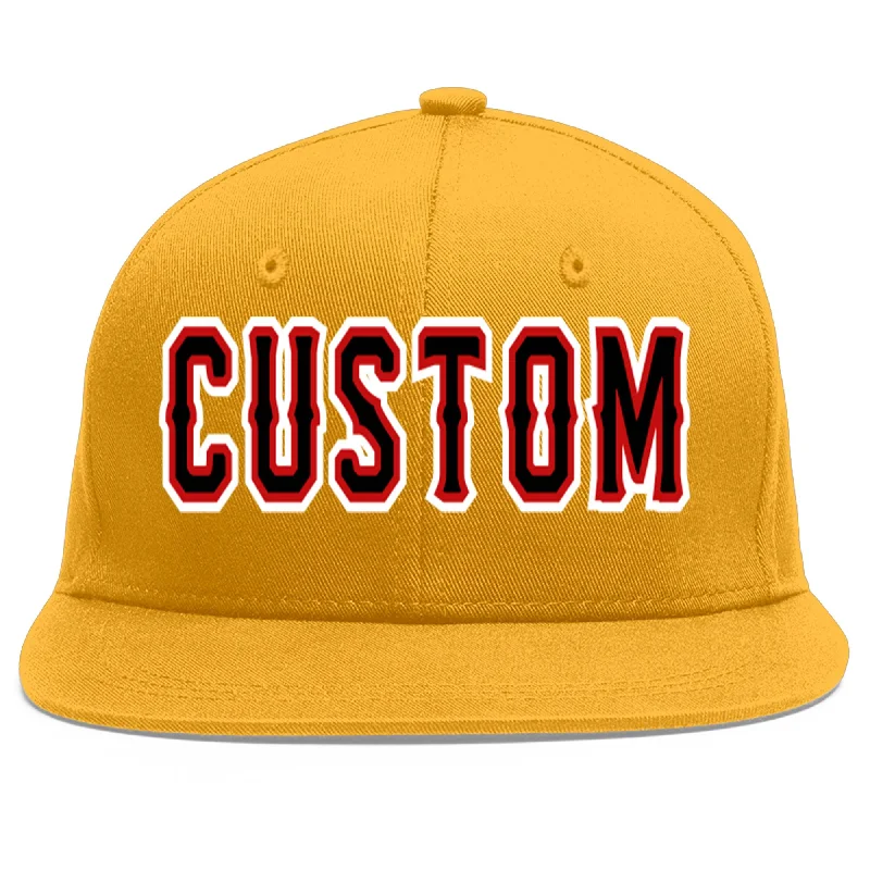 Baseball caps for outdoor sports-Custom Gold Black-Red Flat Eaves Sport Baseball Cap