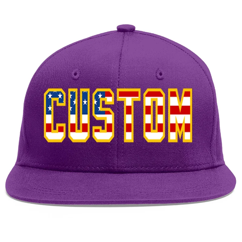 Classic baseball cap features-Custom Purple Vintage USA Flag-Gold Flat Eaves Sport Baseball Cap