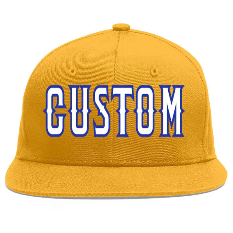 Baseball caps for different head shapes-Custom Gold White-Royal Flat Eaves Sport Baseball Cap