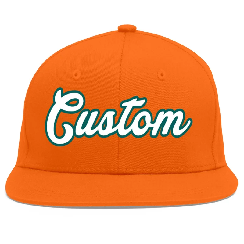 Baseball caps with logos-Custom Orange White-Aqua Flat Eaves Sport Baseball Cap