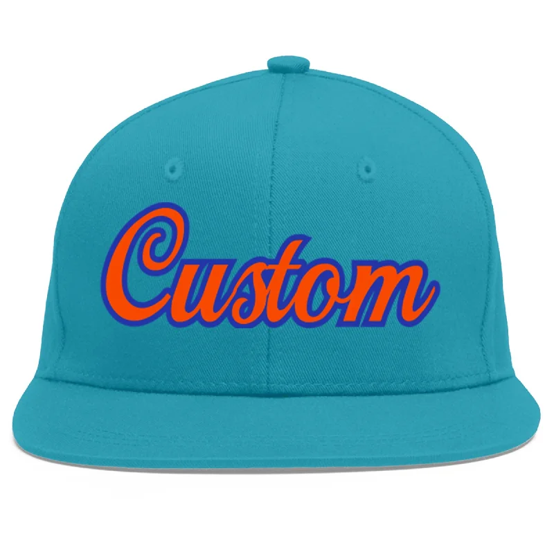 Comfort level of baseball caps-Custom Aqua Orange-Royal Flat Eaves Sport Baseball Cap