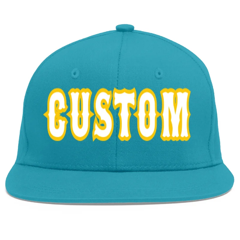 Comfort and design balance in baseball caps-Custom Aqua White-Gold Flat Eaves Sport Baseball Cap