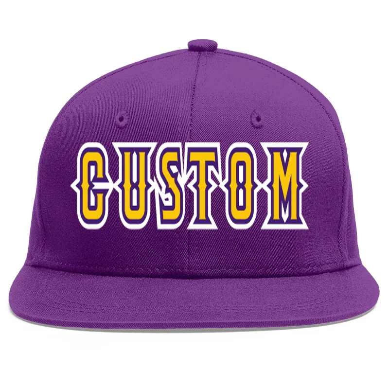 Baseball caps with sports jackets-Custom Purple Gold-purple Flat Eaves Sport Baseball Cap