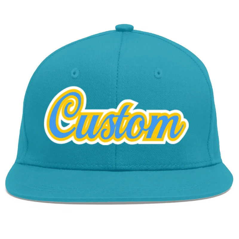 Popular baseball cap styles-Custom Aqua Powder Blue-Gold Flat Eaves Sport Baseball Cap