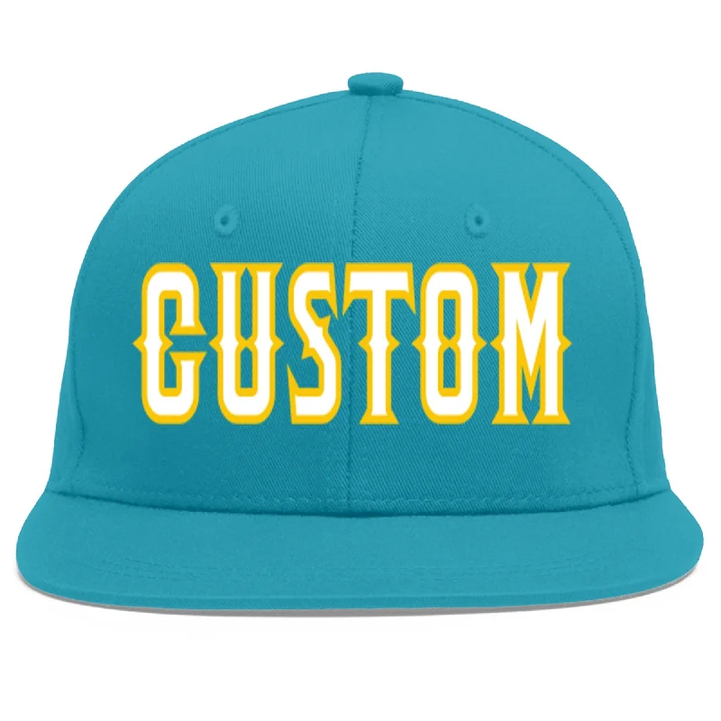 Stylish baseball cap designs-Custom Aqua White-Gold Flat Eaves Sport Baseball Cap