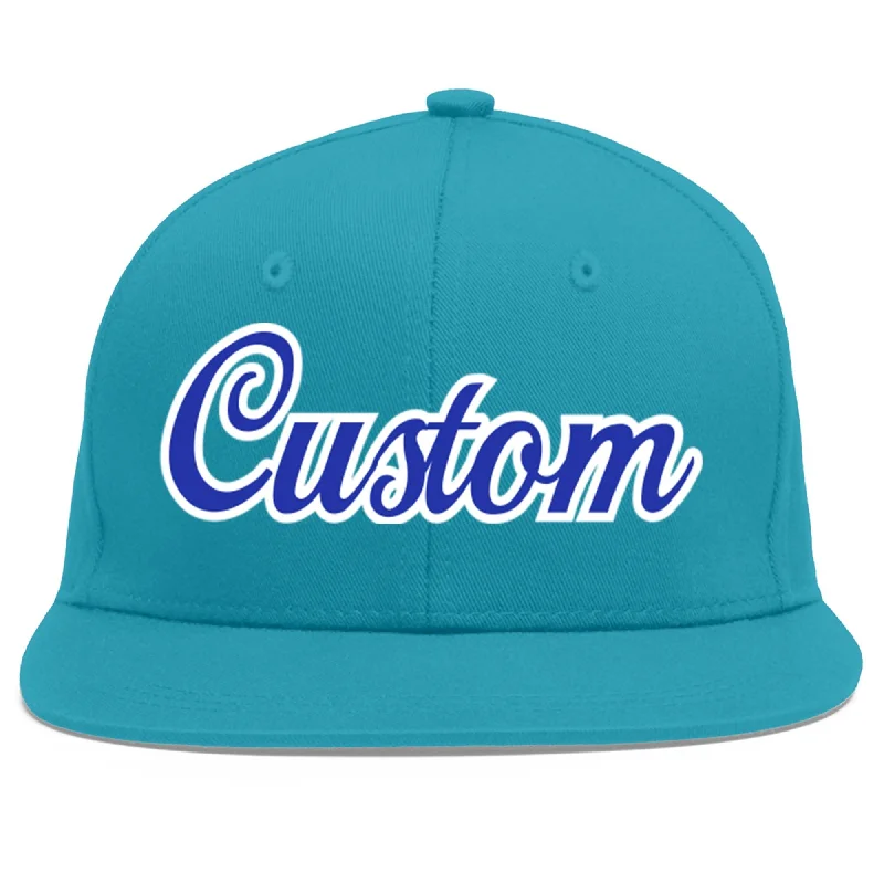 Baseball cap material comparison-Custom Aqua Royal-White Flat Eaves Sport Baseball Cap