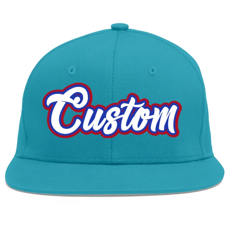 Comfort and fit of baseball caps-Custom Aqua White-Royal Flat Eaves Sport Baseball Cap