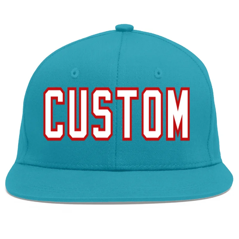 Baseball caps with sports jackets-Custom Aqua White-Red Flat Eaves Sport Baseball Cap