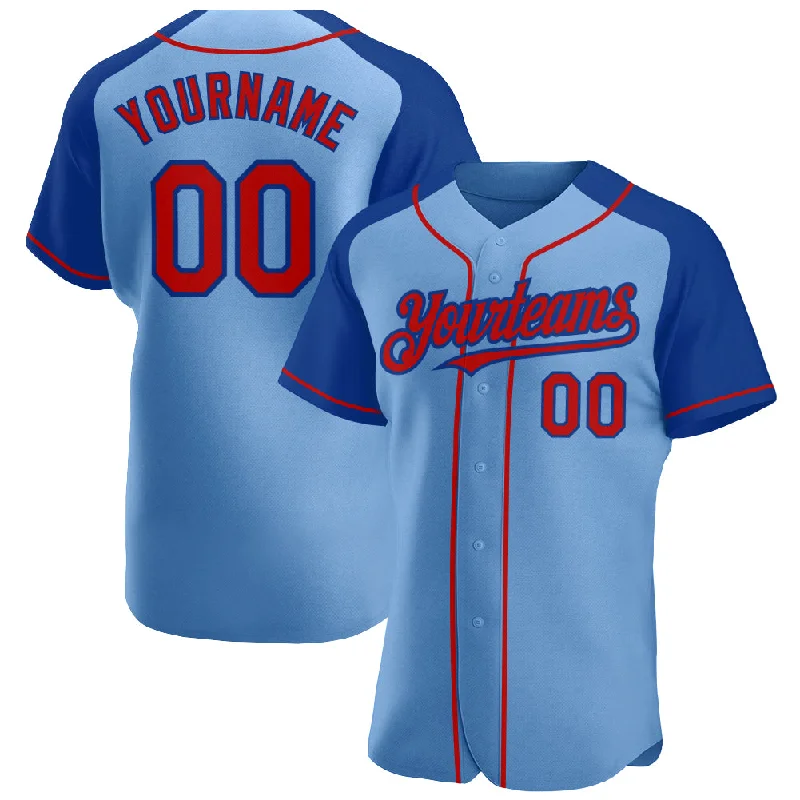 Personalized baseball jerseys with names and numbers-Custom Light Blue Red-Royal Authentic Raglan Sleeves Baseball Jersey