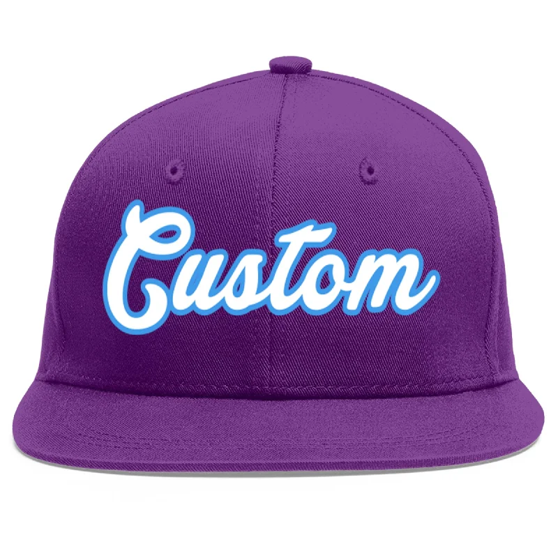 Durability of baseball caps for long-term use-Custom Purple White-Powder Blue Flat Eaves Sport Baseball Cap