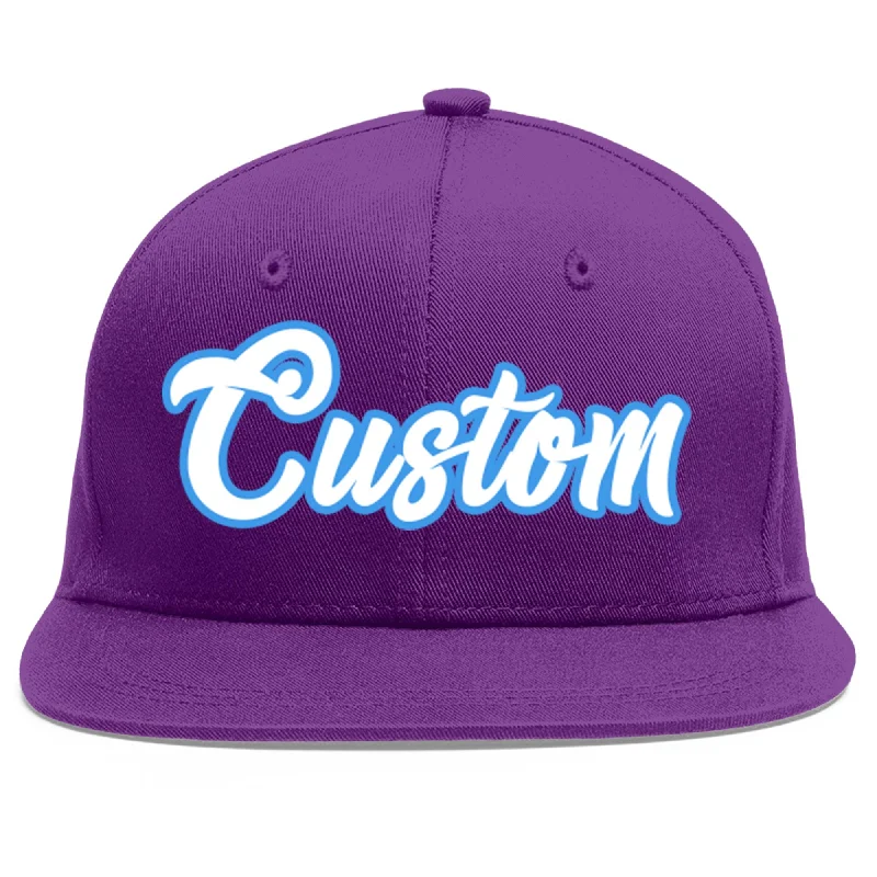 Stylish baseball cap designs-Custom Purple White-Powder Blue Flat Eaves Sport Baseball Cap