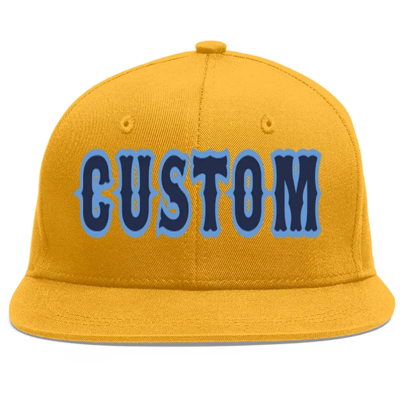 Windproof and breathable baseball caps-Custom Gold Navy-Light Blue Flat Eaves Sport Baseball Cap