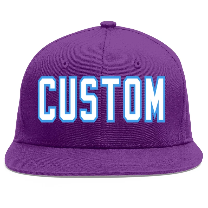 Baseball caps for outdoor sports-Custom Purple White-Powder Blue Flat Eaves Sport Baseball Cap