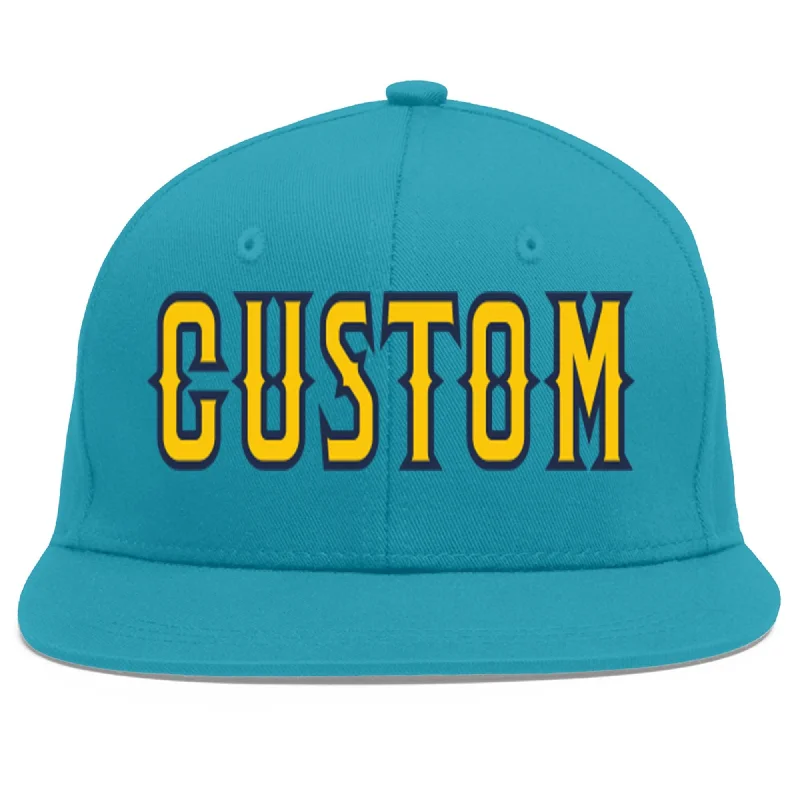 Baseball caps with sports jackets-Custom Aqua Gold-Navy Flat Eaves Sport Baseball Cap