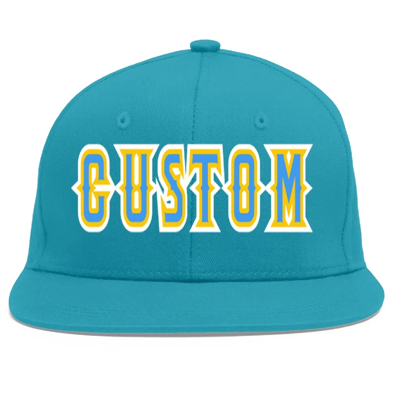 Customizable baseball caps-Custom Aqua Powder Blue-Gold Flat Eaves Sport Baseball Cap