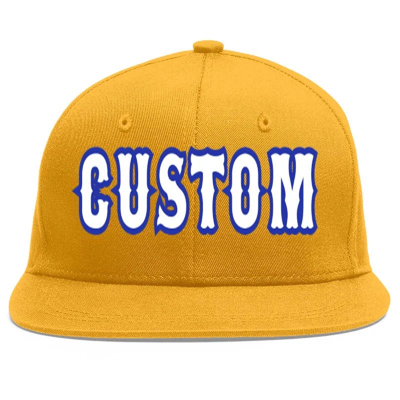 Winter-friendly baseball caps-Custom Gold White-Royal Flat Eaves Sport Baseball Cap