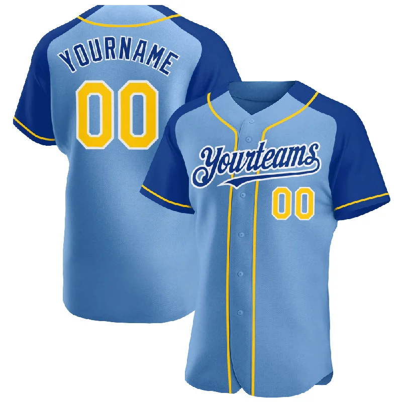 Affordable baseball jerseys for schools-Custom Light Blue Yellow-Royal Authentic Raglan Sleeves Baseball Jersey