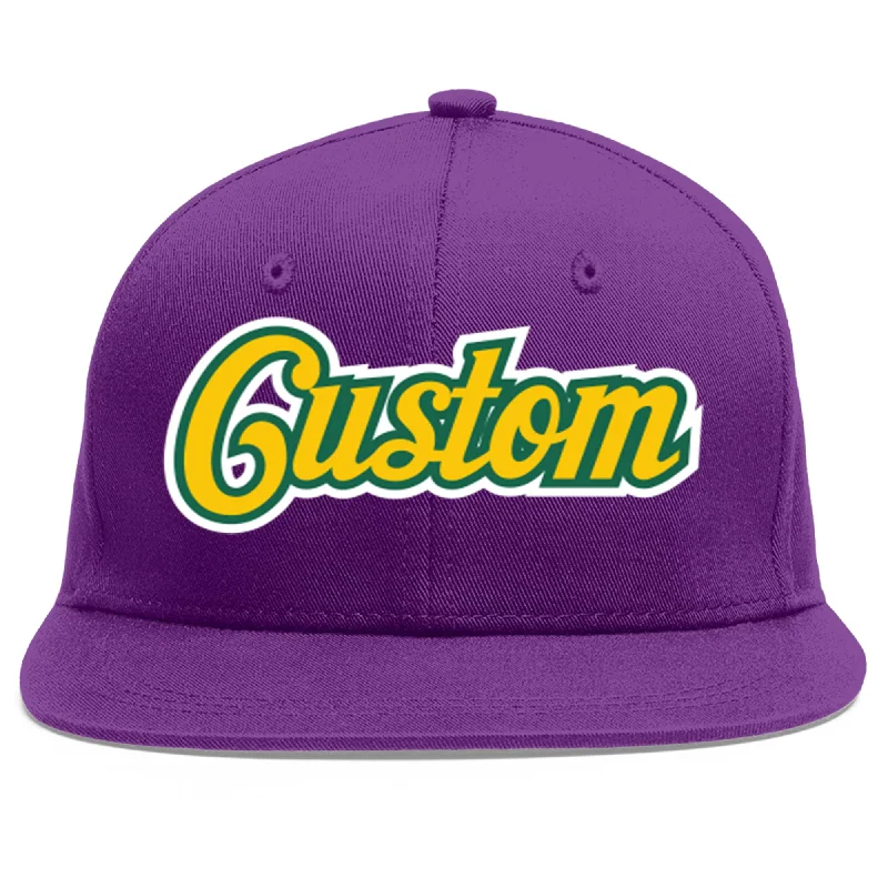 Innovative baseball cap designs-Custom Purple Gold-Kelly Green Flat Eaves Sport Baseball Cap