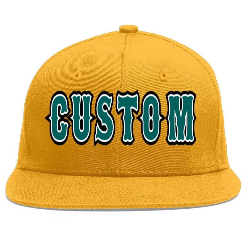 Seasonal fabric options for baseball caps-Custom Gold Aqua-White Flat Eaves Sport Baseball Cap