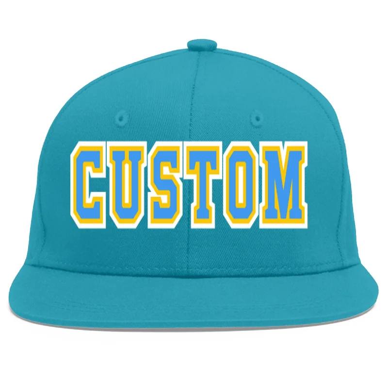 Comfort and fit of baseball caps-Custom Aqua Powder Blue-Gold Flat Eaves Sport Baseball Cap