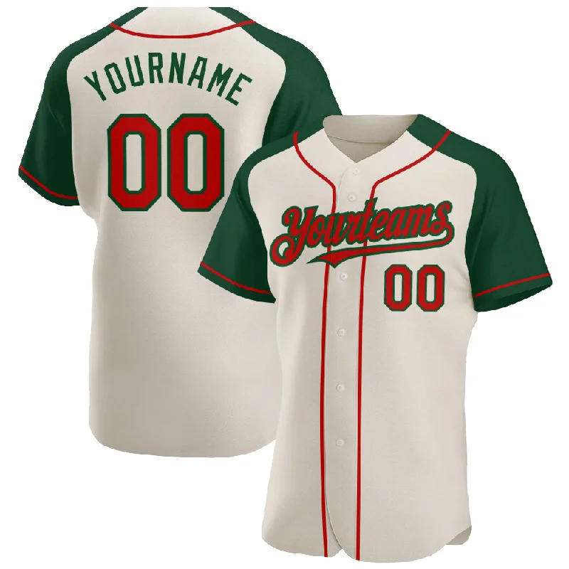 Custom baseball jerseys with team colors-Custom Cream Red-Green Authentic Raglan Sleeves Baseball Jersey