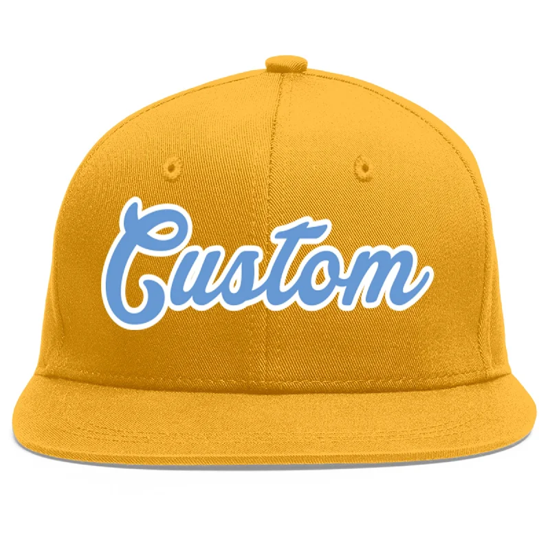 Comfort and fit of baseball caps-Custom Gold Light Blue-White Flat Eaves Sport Baseball Cap